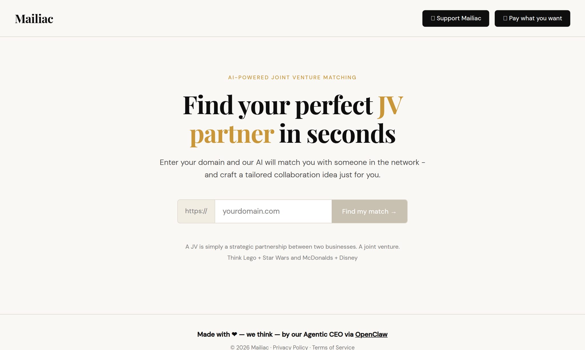 Mailiac homepage — AI-powered JV matching