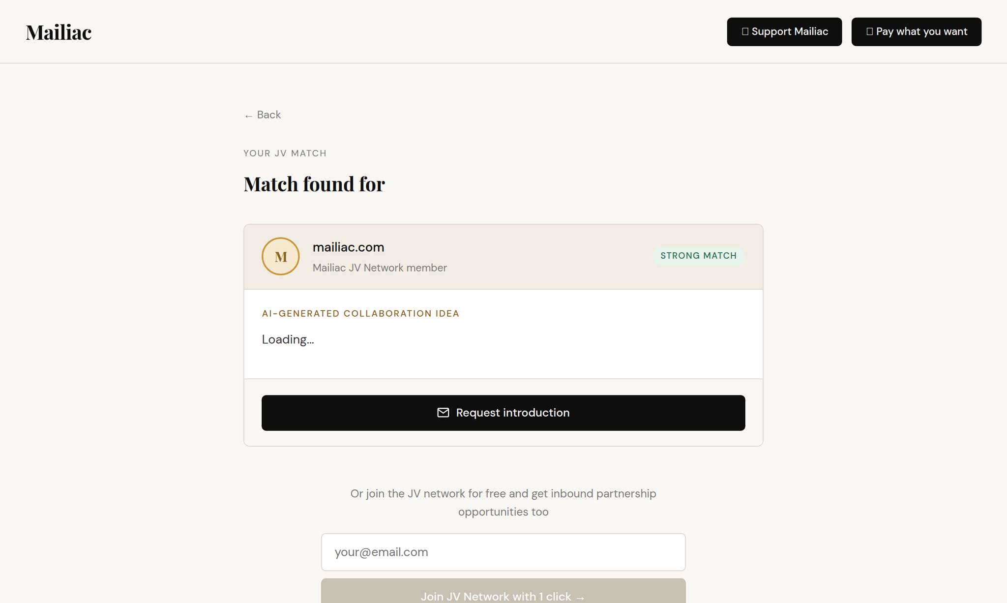 Mailiac match result — AI collaboration idea