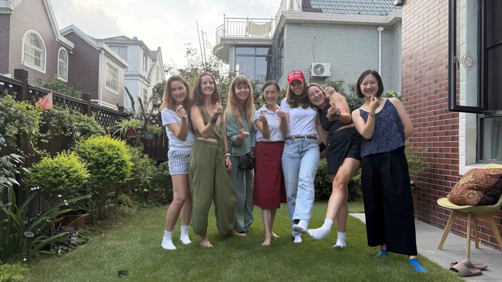 Guests with Jiading Ayi in her garden
