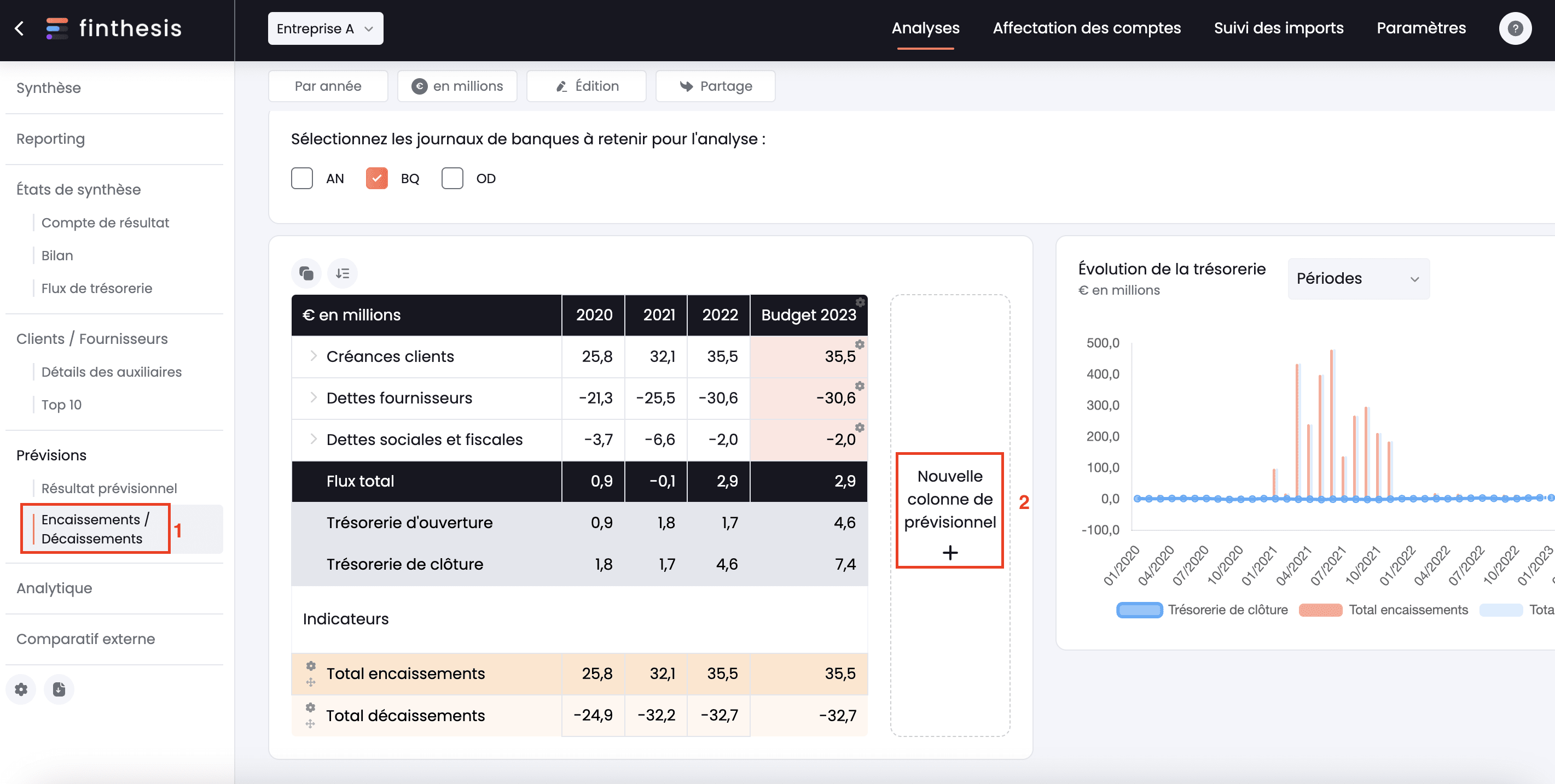 create cashflow forcast in "encaissements/décaissements" tab