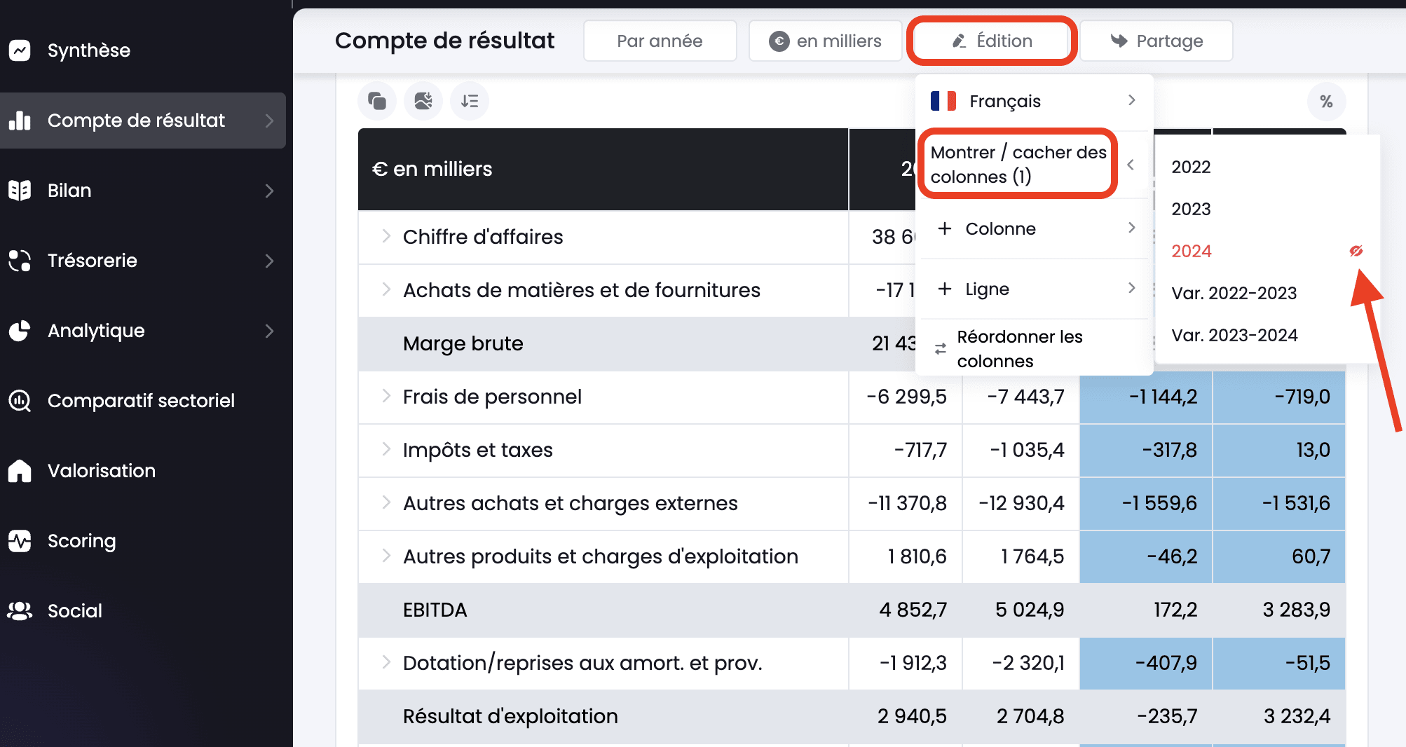 cacher des colonnes