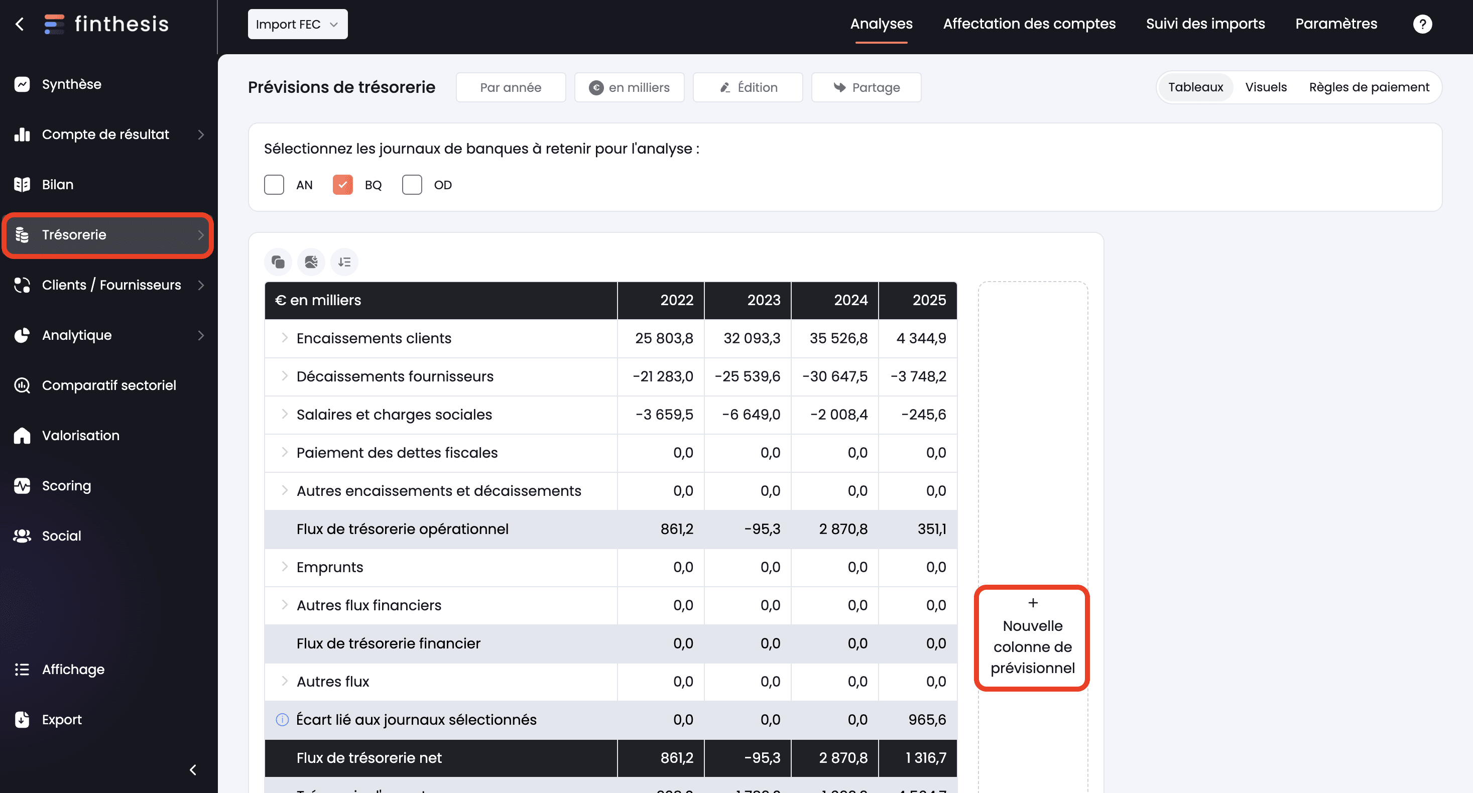 create cashflow forcast in "encaissements/décaissements" tab