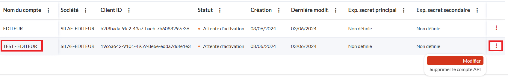 modifier le compte API