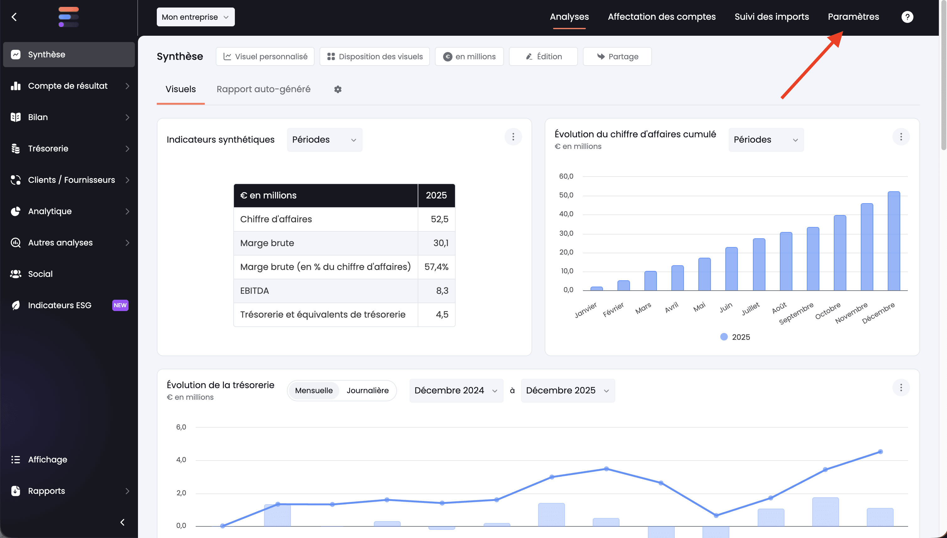 Ecran principal avec une fleche sur Parametres
