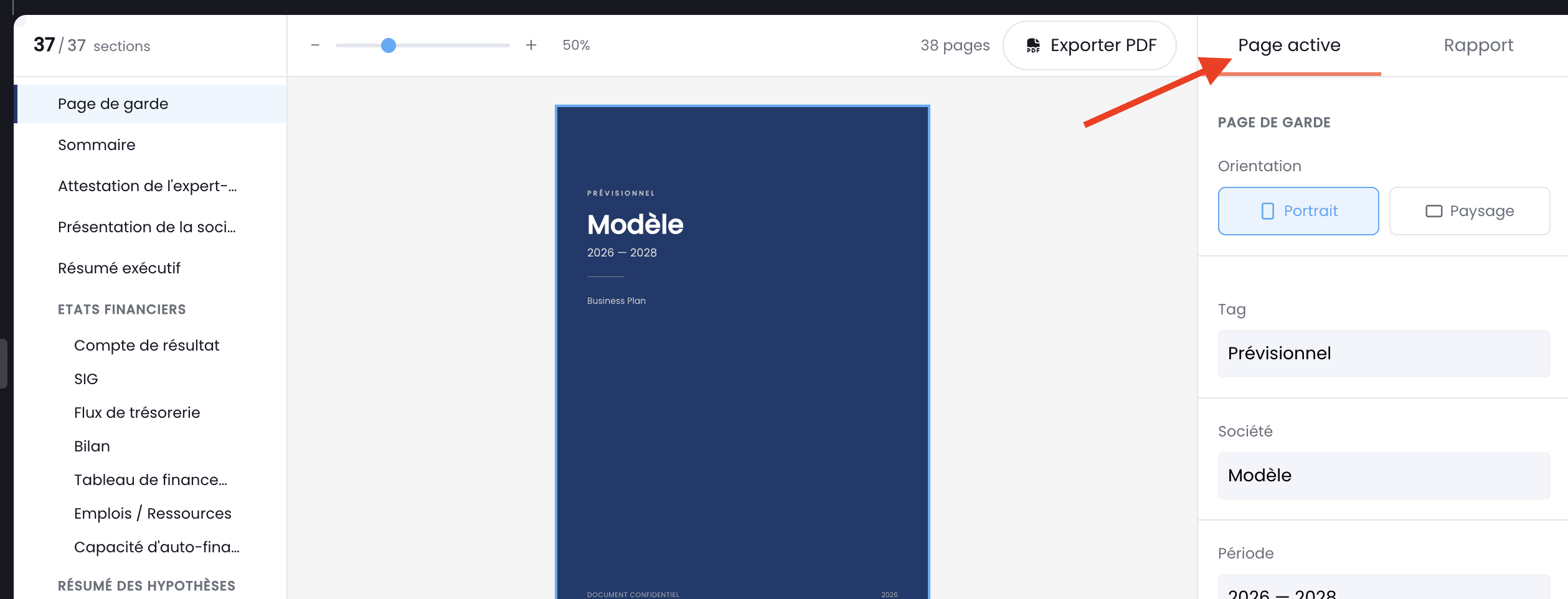 configuration des pages du rapport