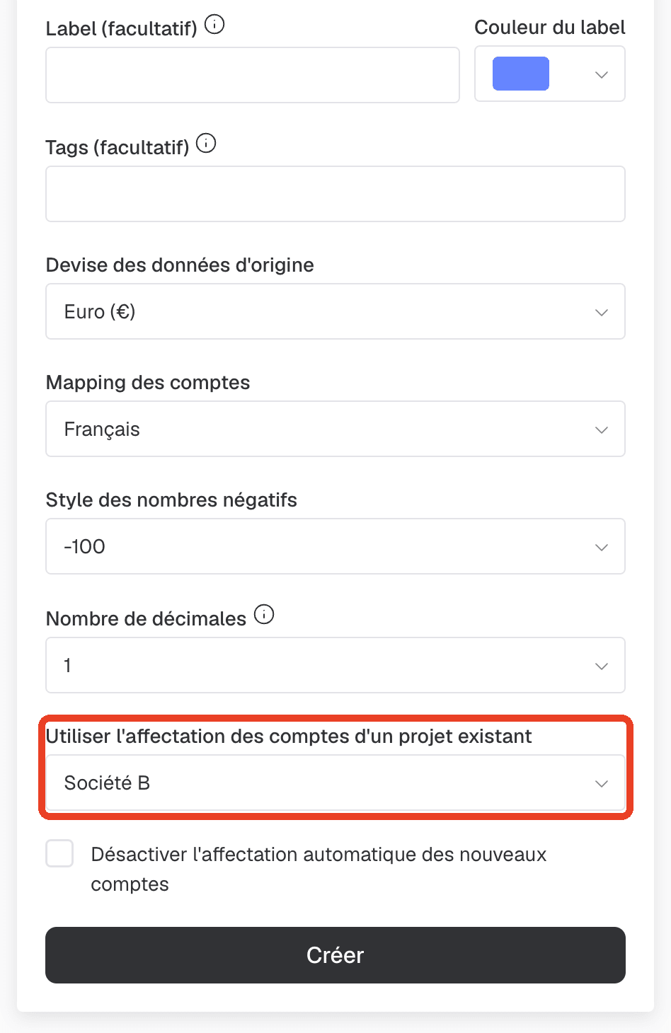 appliquer affectation des comptes