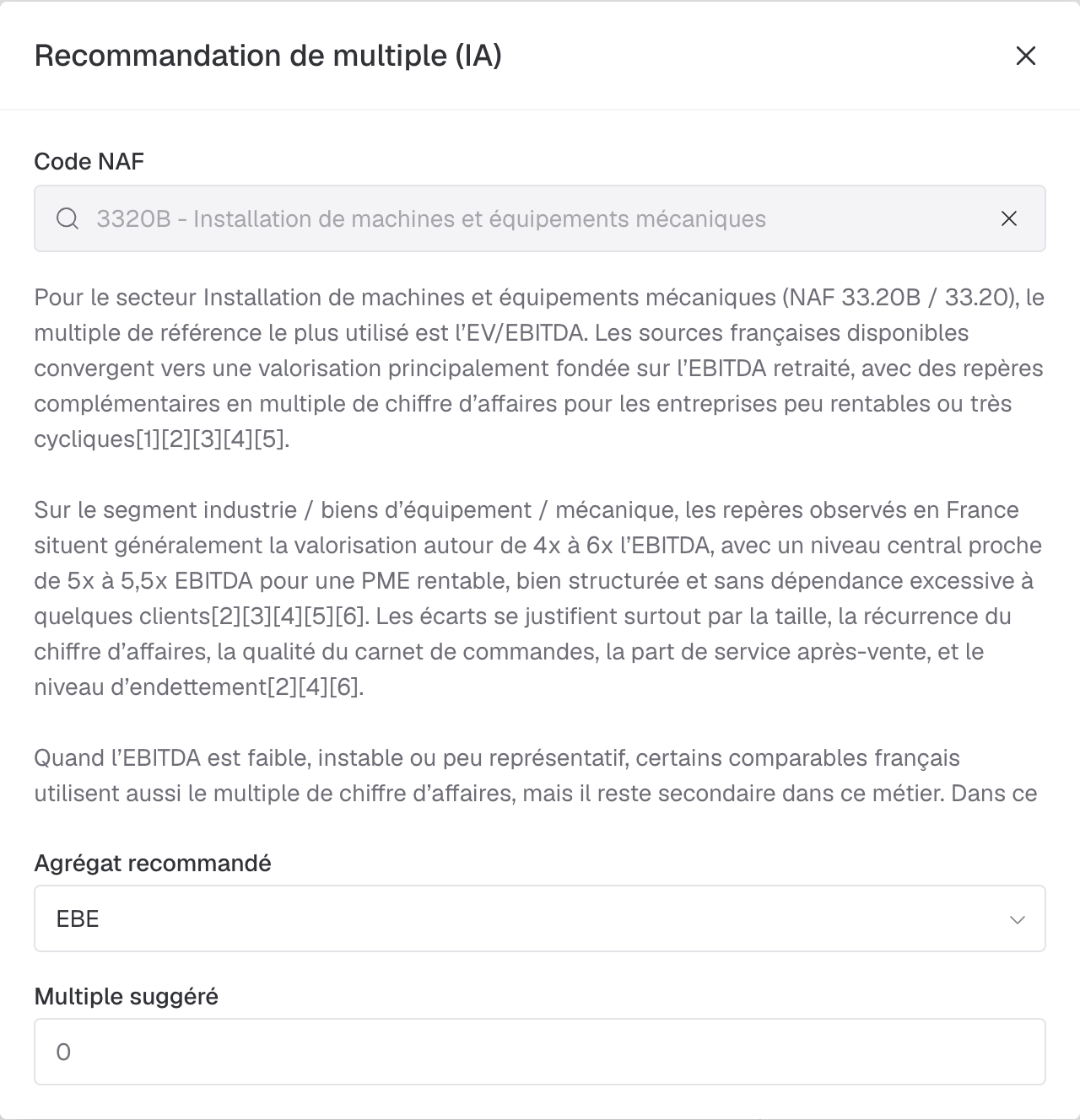 recommandation de multiple par l'IA selon le code NAF