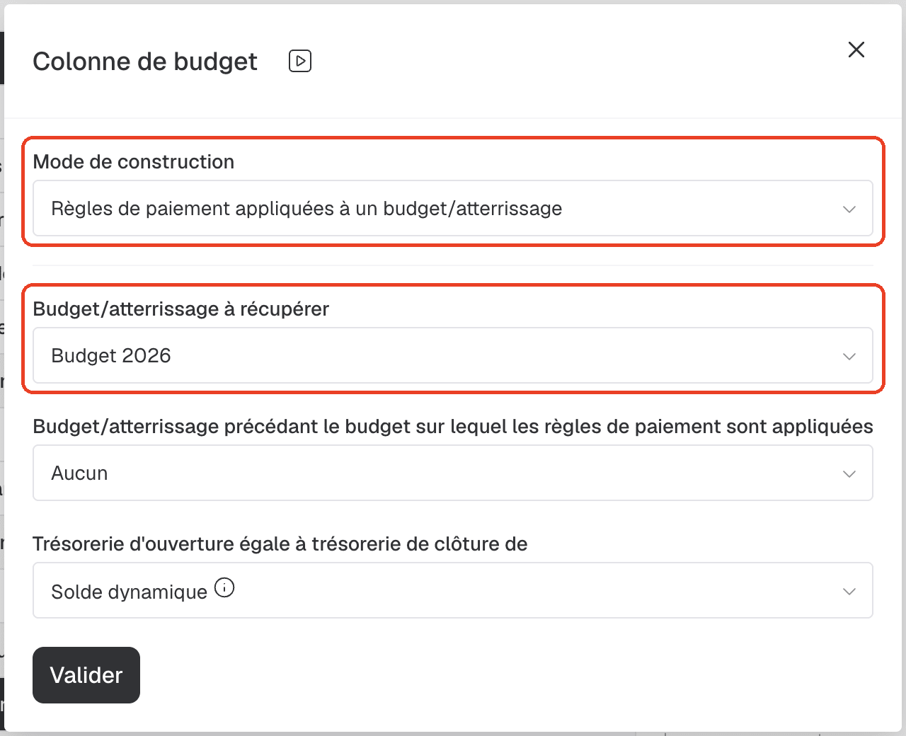 Paramétrage colonne de budget
