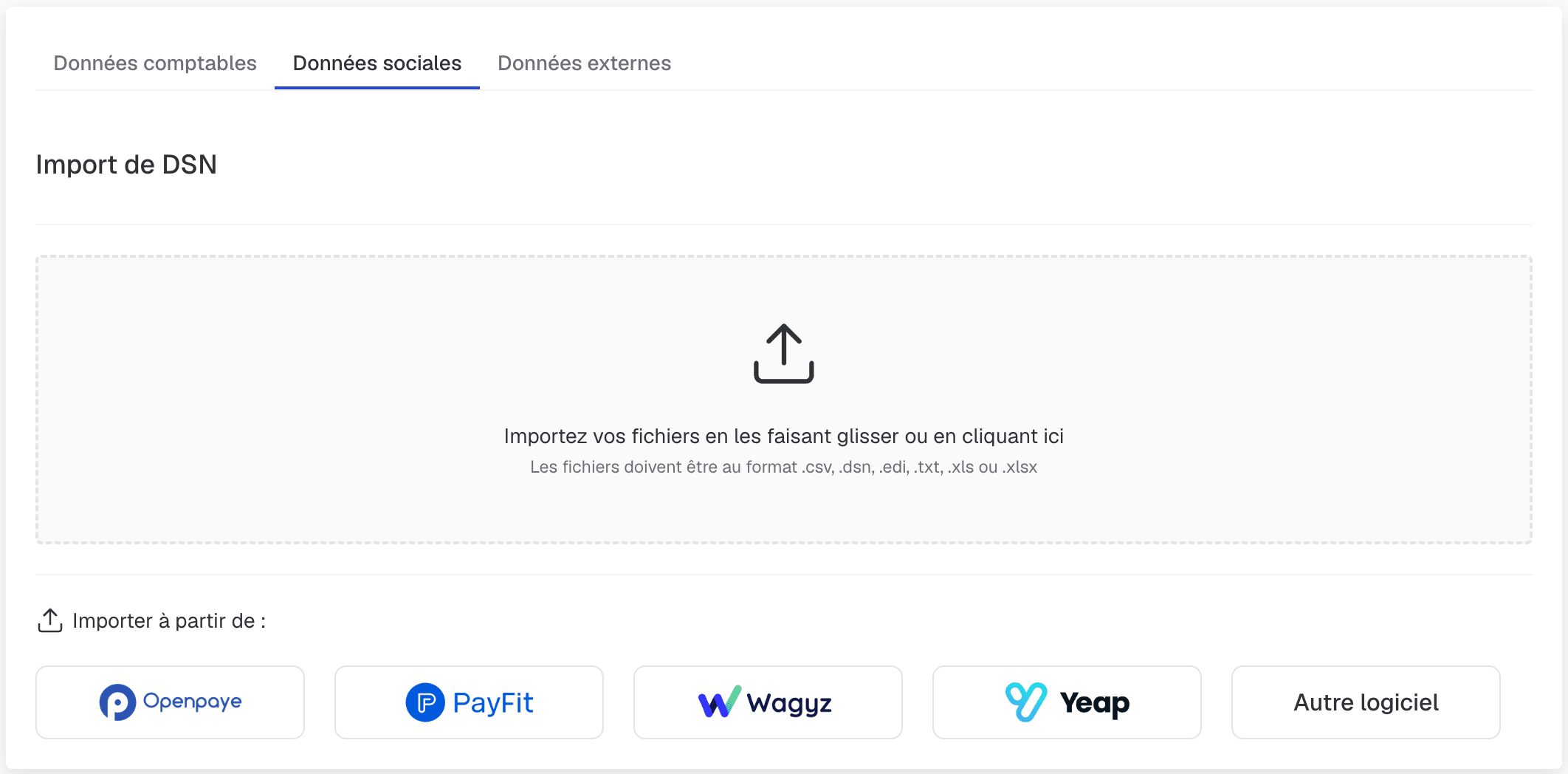 Écran d'import de DSN : zone de dépôt des fichiers et connecteurs de paie