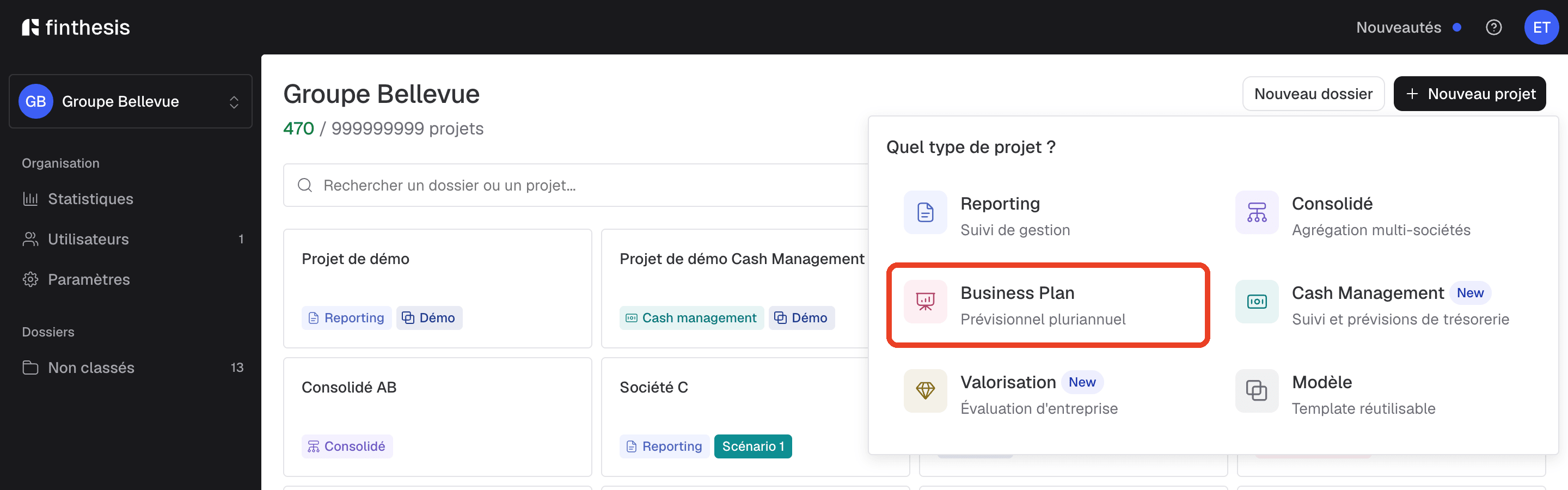 Menu Nouveau projet ouvert sur le tableau de bord, avec l'option Business Plan encadrée