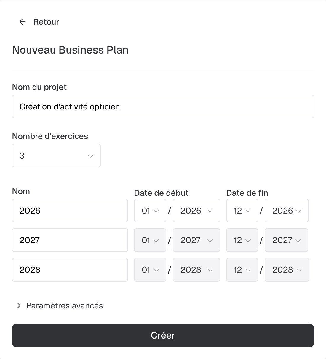 Formulaire de création d'un nouveau Business Plan : nom du projet et nombre d'exercices