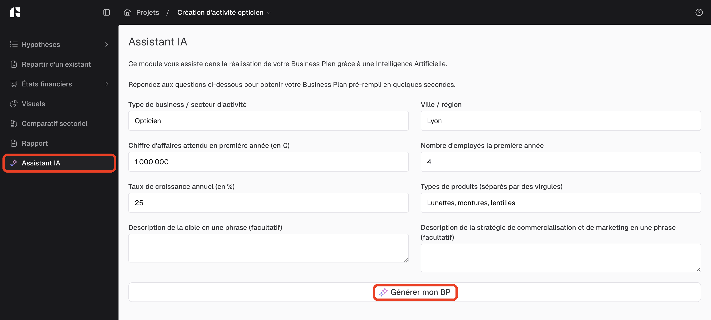 Onglet Assistant IA du Business Plan : questionnaire rempli et bouton Générer mon BP
