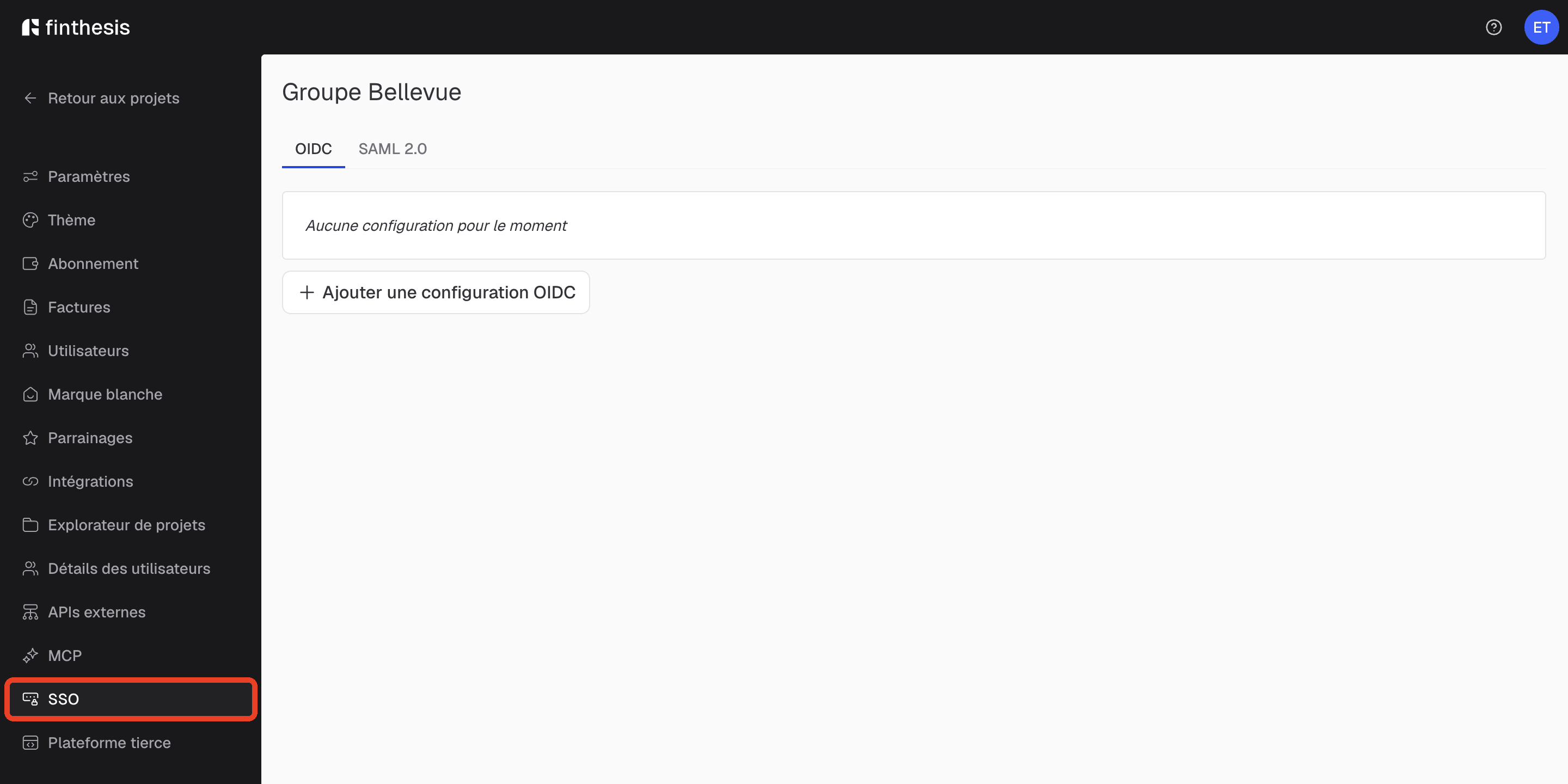 Section SSO des paramètres d'organisation, entourée en rouge dans le menu latéral, avec les onglets OIDC et SAML 2.0