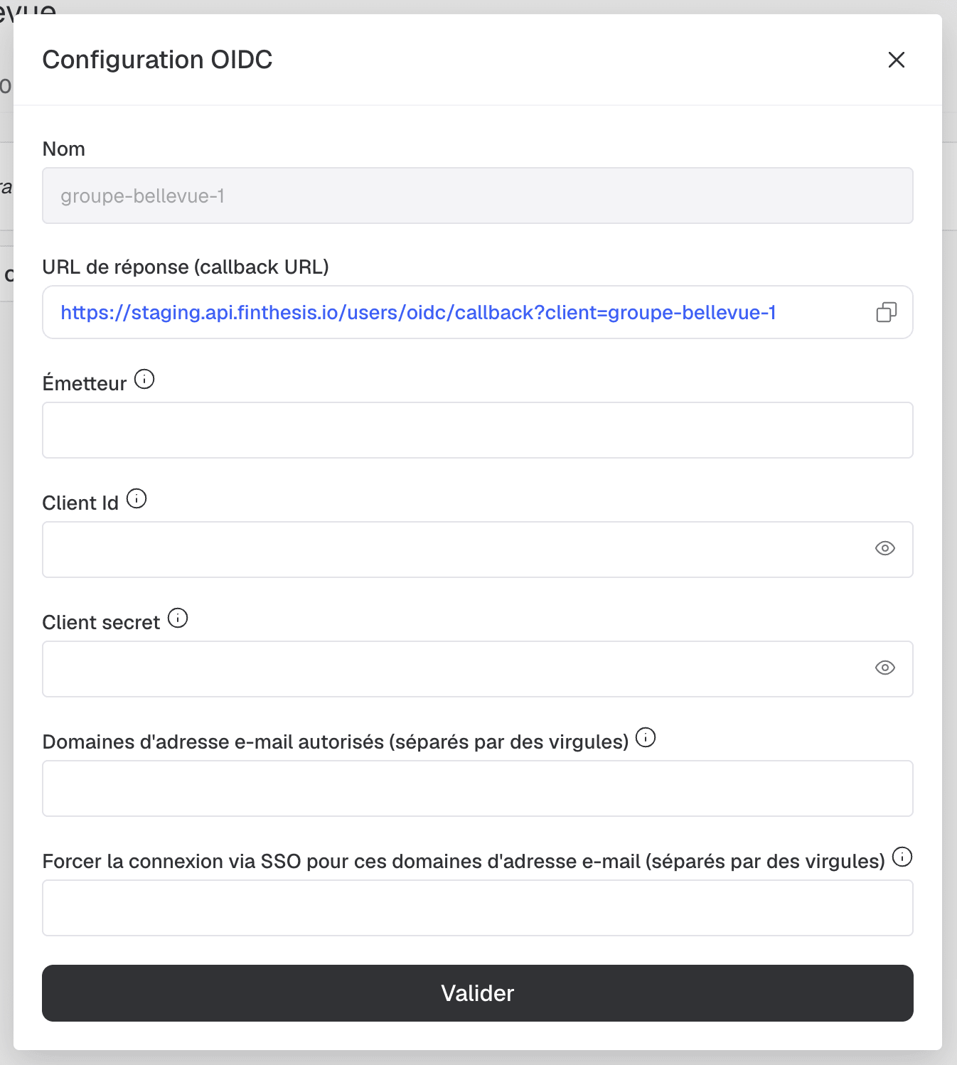Fenêtre Configuration OIDC : nom, URL de réponse, émetteur, client id, client secret et domaines d'adresse e-mail autorisés