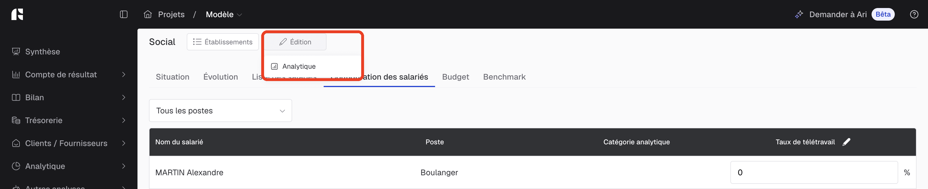 Bouton Édition de l'écran Social ouvrant l'option Analytique