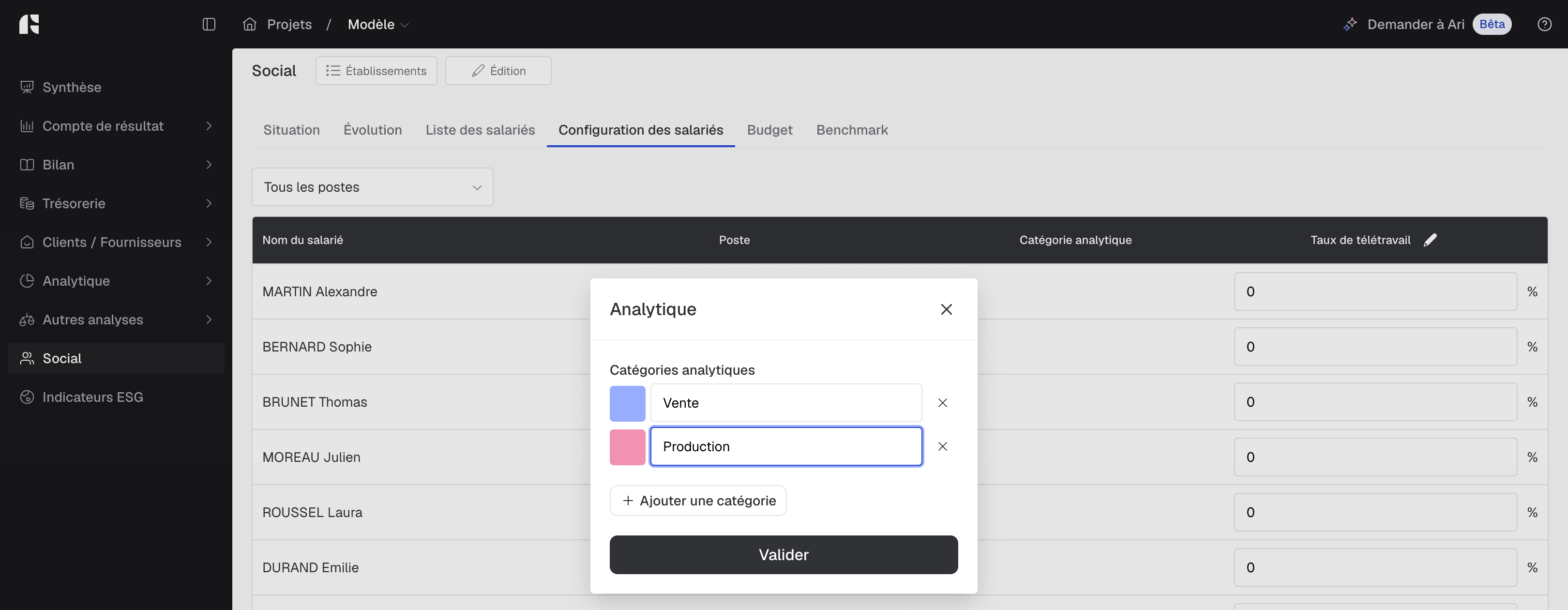Fenêtre Analytique où sont créées les catégories analytiques Vente et Production
