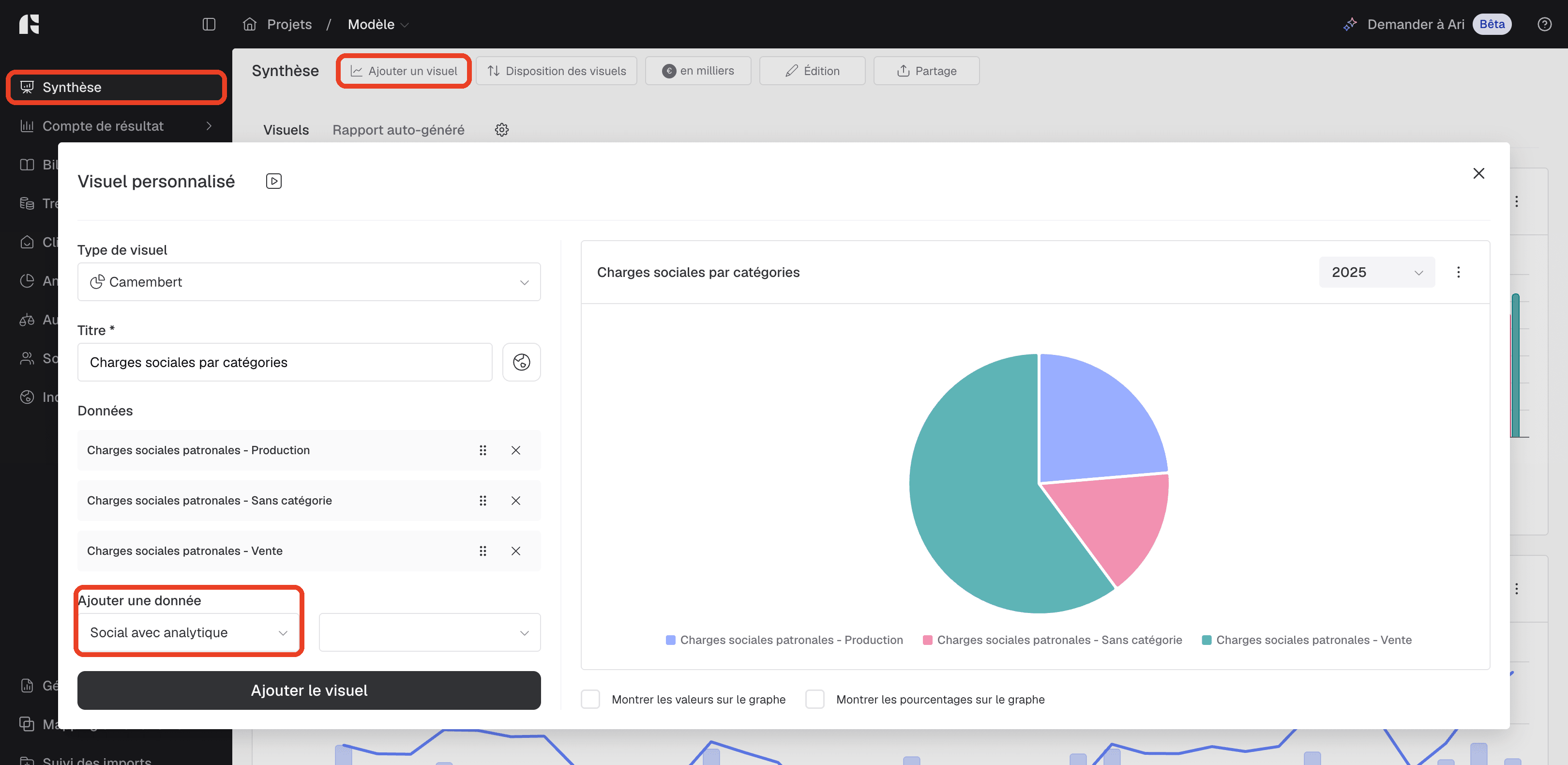 Visuel personnalisé en camembert des charges sociales par catégorie analytique