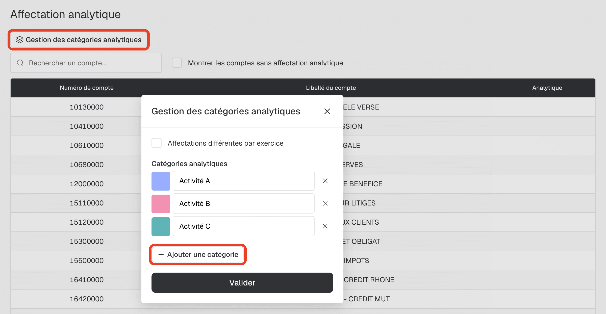 Dialogue « Gestion des catégories analytiques » ouvert, avec les catégories Activité A, Activité B et Activité C et le bouton « Ajouter une catégorie »