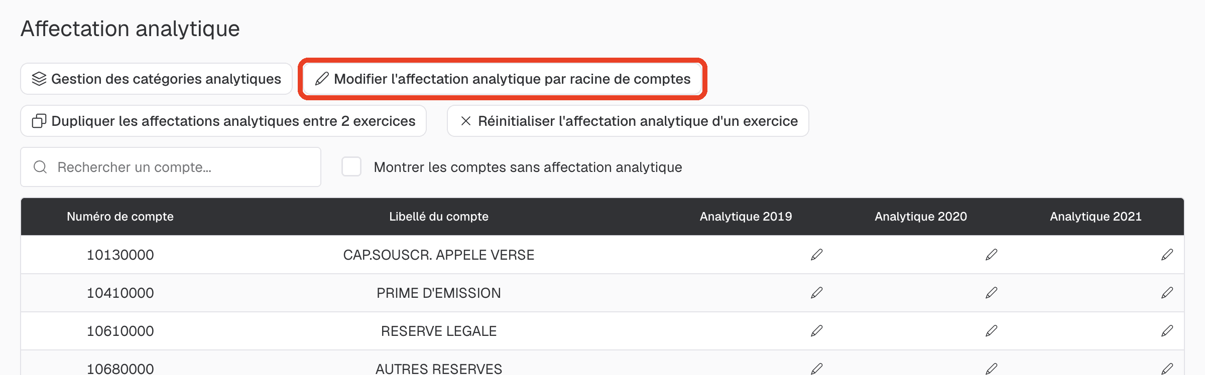Bouton « Modifier l'affectation analytique par racine de comptes » dans la barre d'outils de l'affectation analytique
