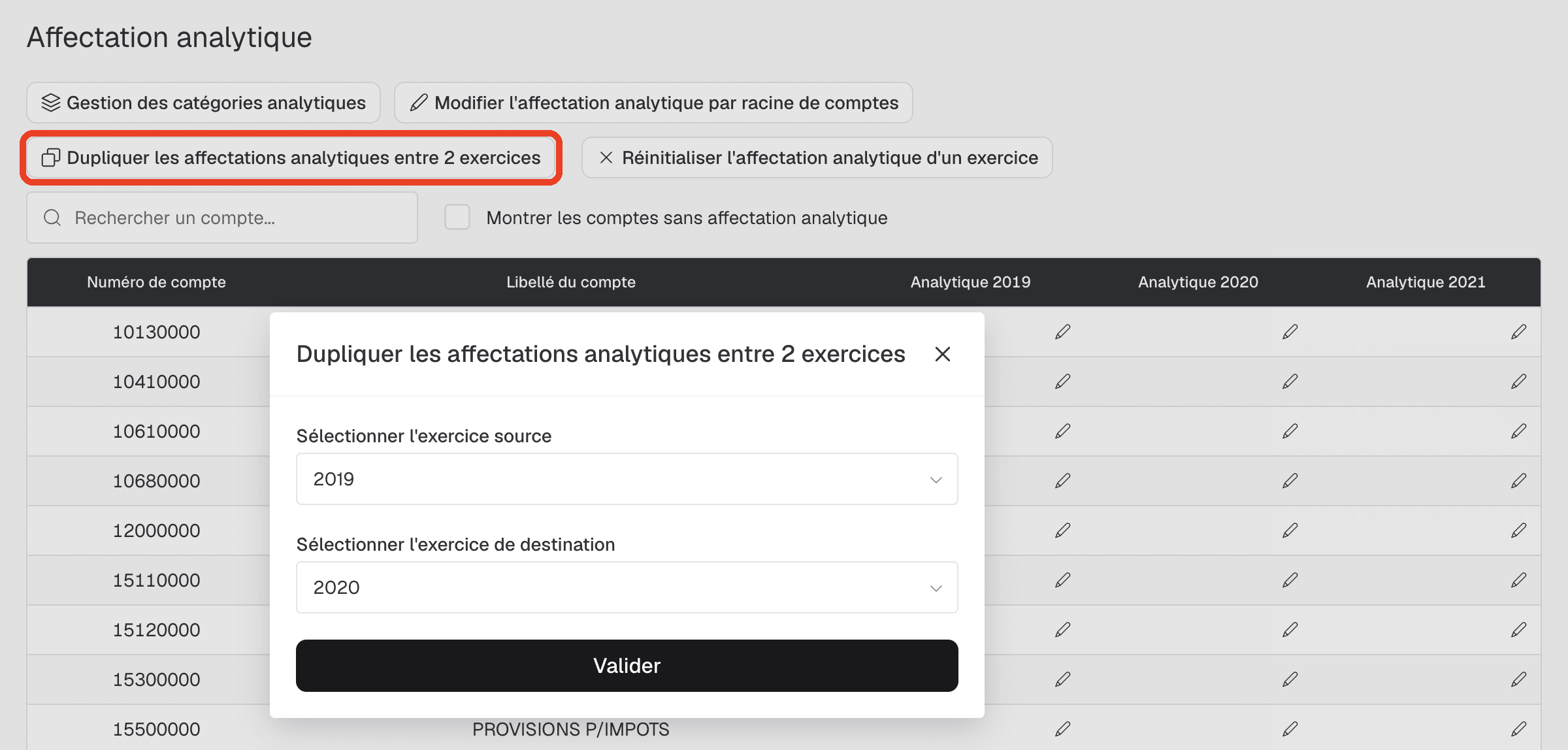 Dialogue « Dupliquer les affectations analytiques entre 2 exercices » avec l'exercice source et l'exercice de destination