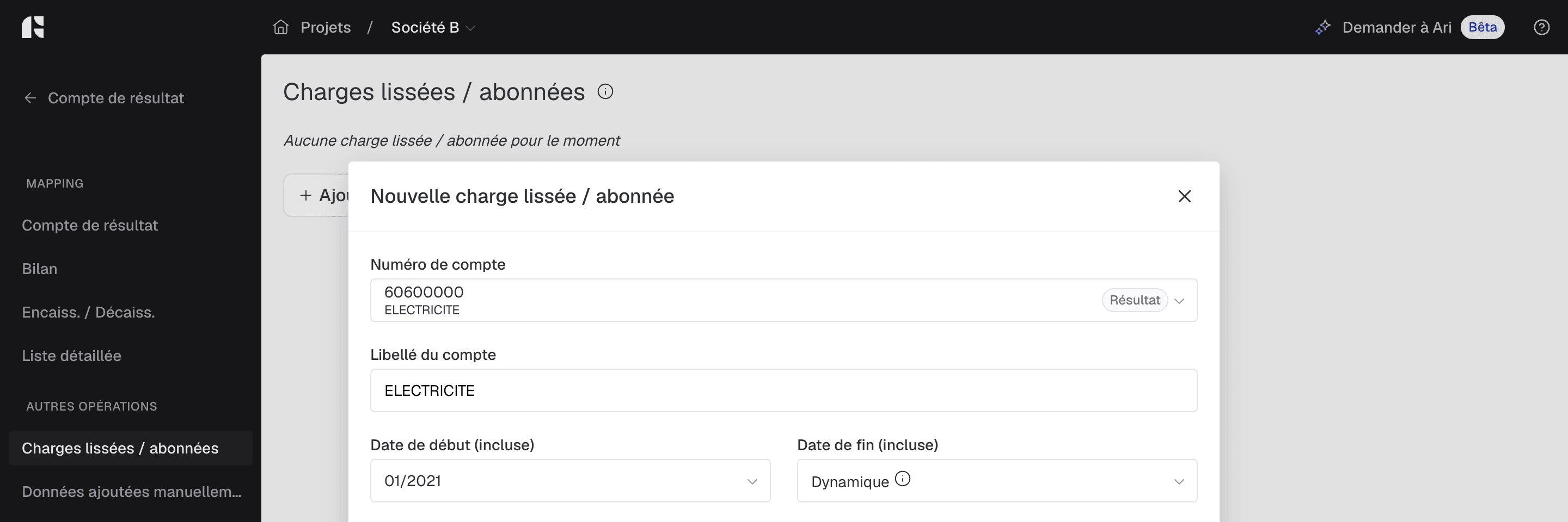 Fenêtre « Nouvelle charge lissée / abonnée » : numéro de compte, libellé du compte, date de début et date de fin