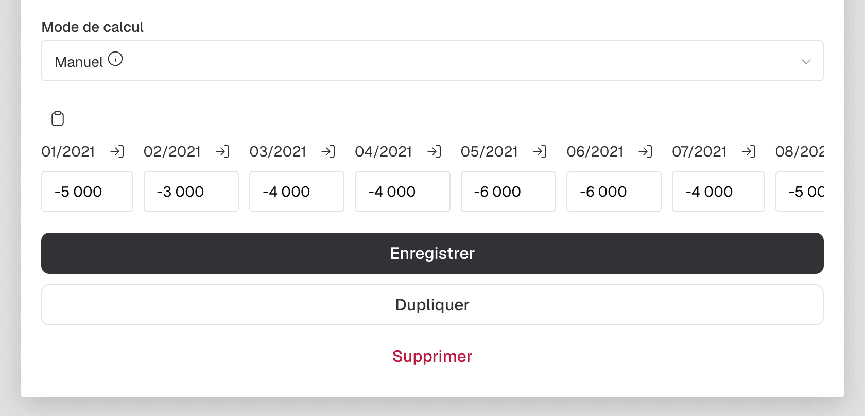 Mode de calcul « Manuel » : un montant saisi mois par mois, avec les boutons Enregistrer et Supprimer