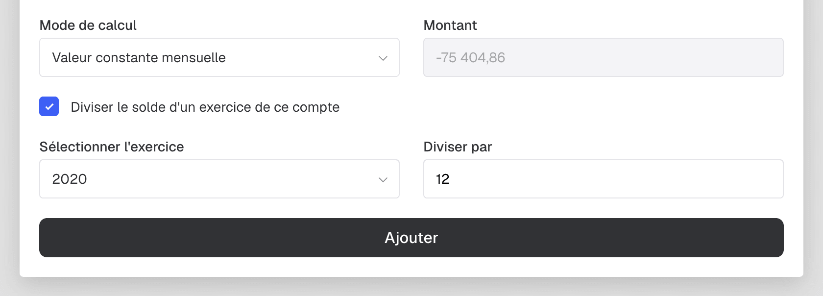 Option « Diviser le solde d'un exercice de ce compte » cochée, avec l'exercice à répartir et le diviseur