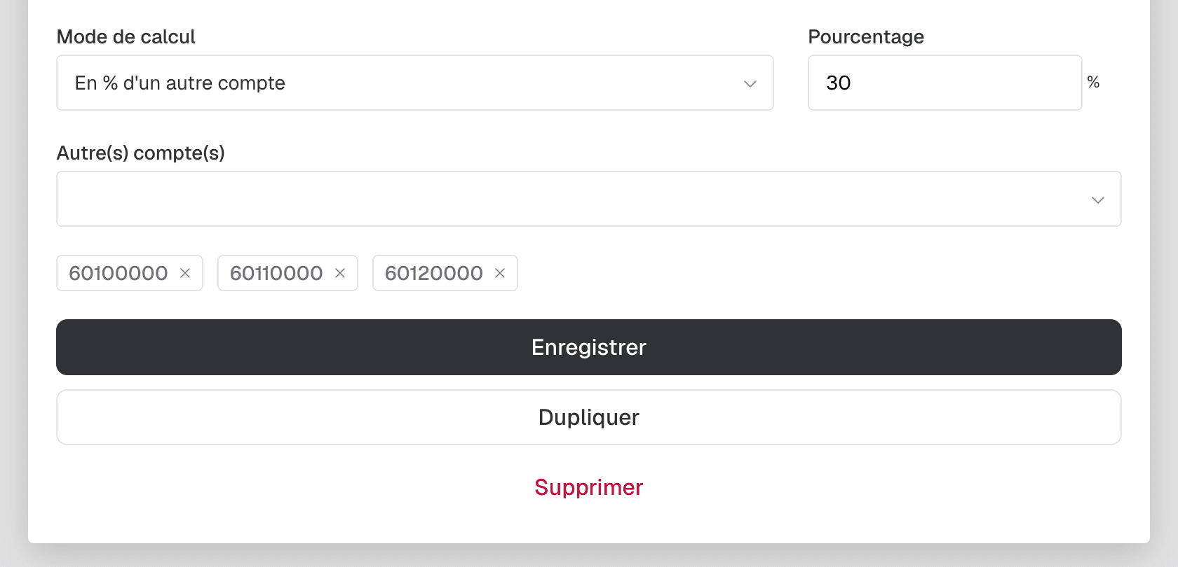 Mode de calcul « En % d'un autre compte » : pourcentage à appliquer et comptes de référence sélectionnés