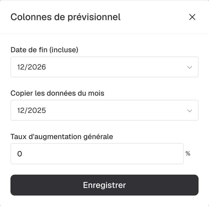 Fenêtre Colonnes de prévisionnel : date de fin, mois copié et taux d'augmentation générale