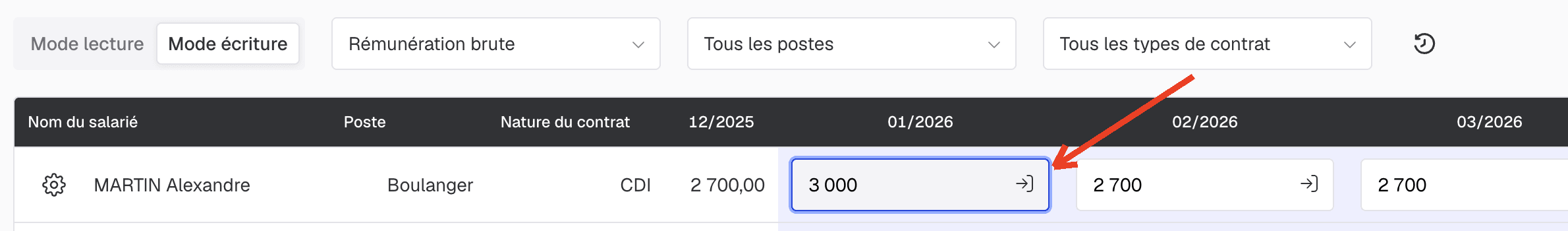 Saisie manuelle d'un montant dans le budget social et flèche de duplication sur les mois suivants