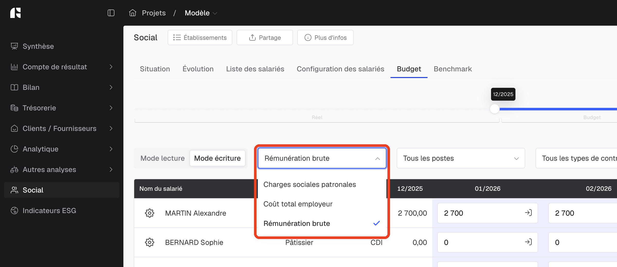 Sélecteur rémunération brute, charges sociales patronales ou coût total employeur