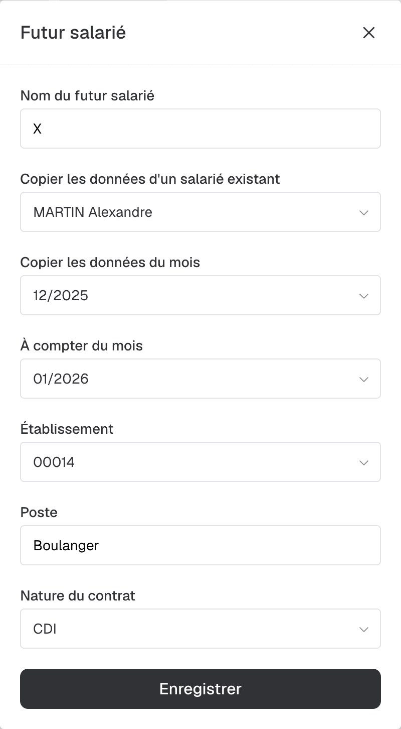 Fenêtre Futur salarié : reprise des données d'un salarié existant à compter d'un mois donné