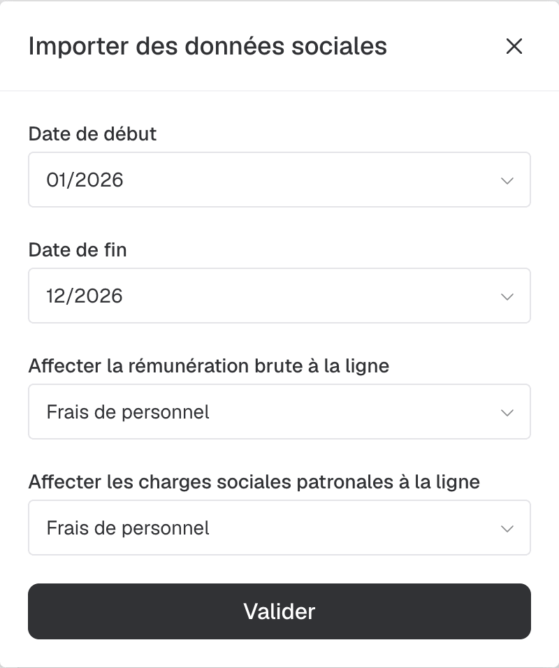 Fenêtre Importer des données sociales : période et lignes de budget affectées