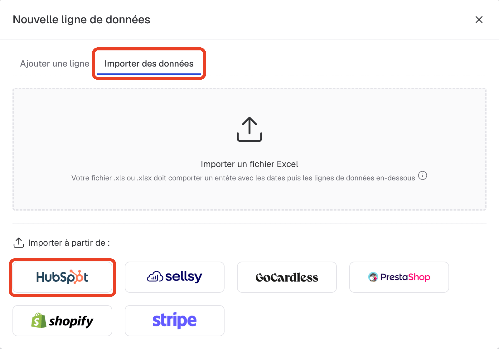 Fenêtre « Nouvelle ligne de données » : l'onglet « Importer des données » et le connecteur HubSpot sont entourés en rouge, parmi HubSpot, Sellsy, GoCardless, PrestaShop, Shopify et Stripe