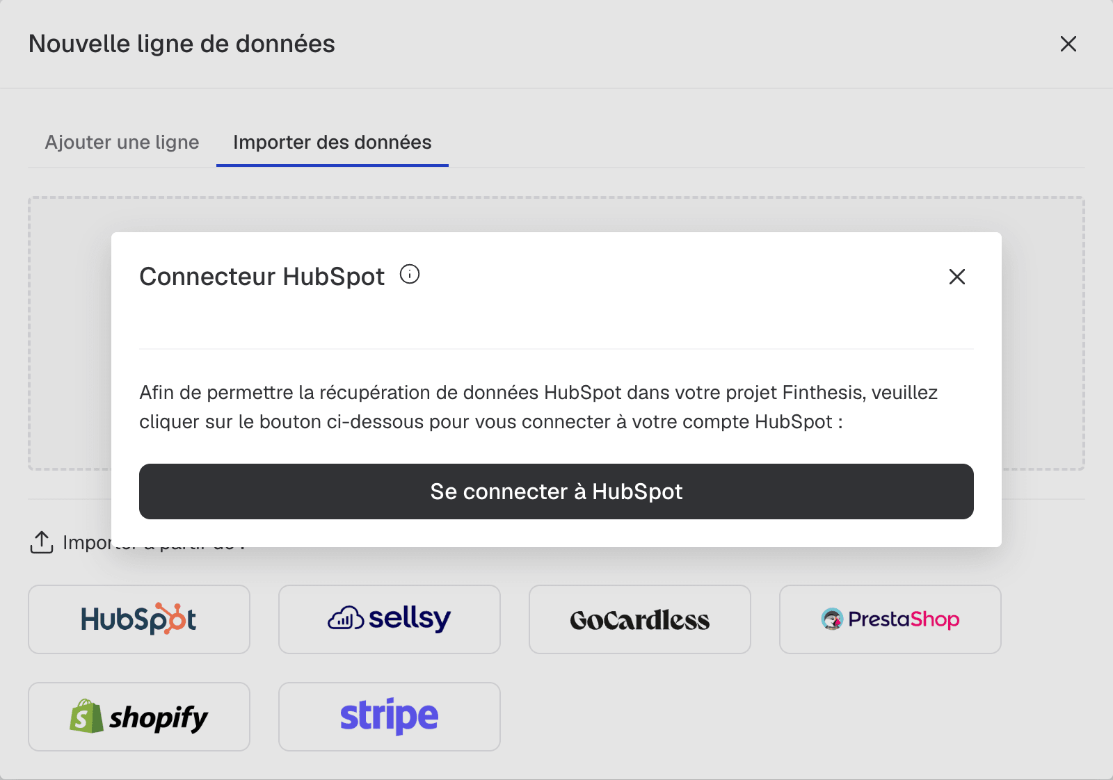 Fenêtre « Connecteur HubSpot » avec le bouton « Se connecter à HubSpot »