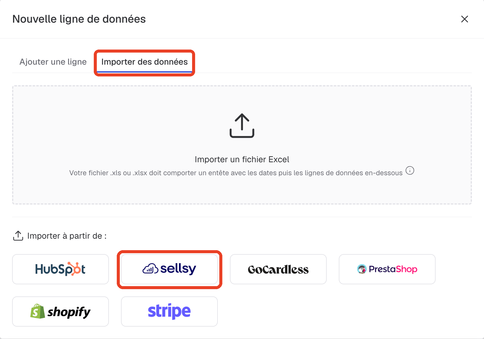 Onglet Importer des données et connecteur Sellsy dans la fenêtre Nouvelle ligne de données
