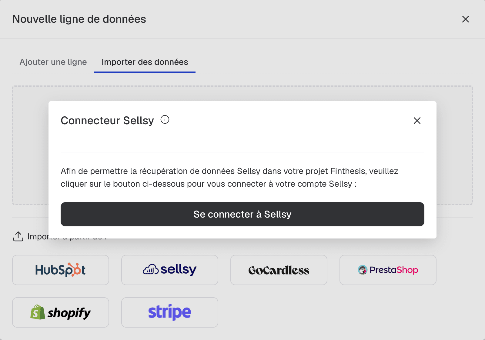 Fenêtre Connecteur Sellsy avec le bouton Se connecter à Sellsy