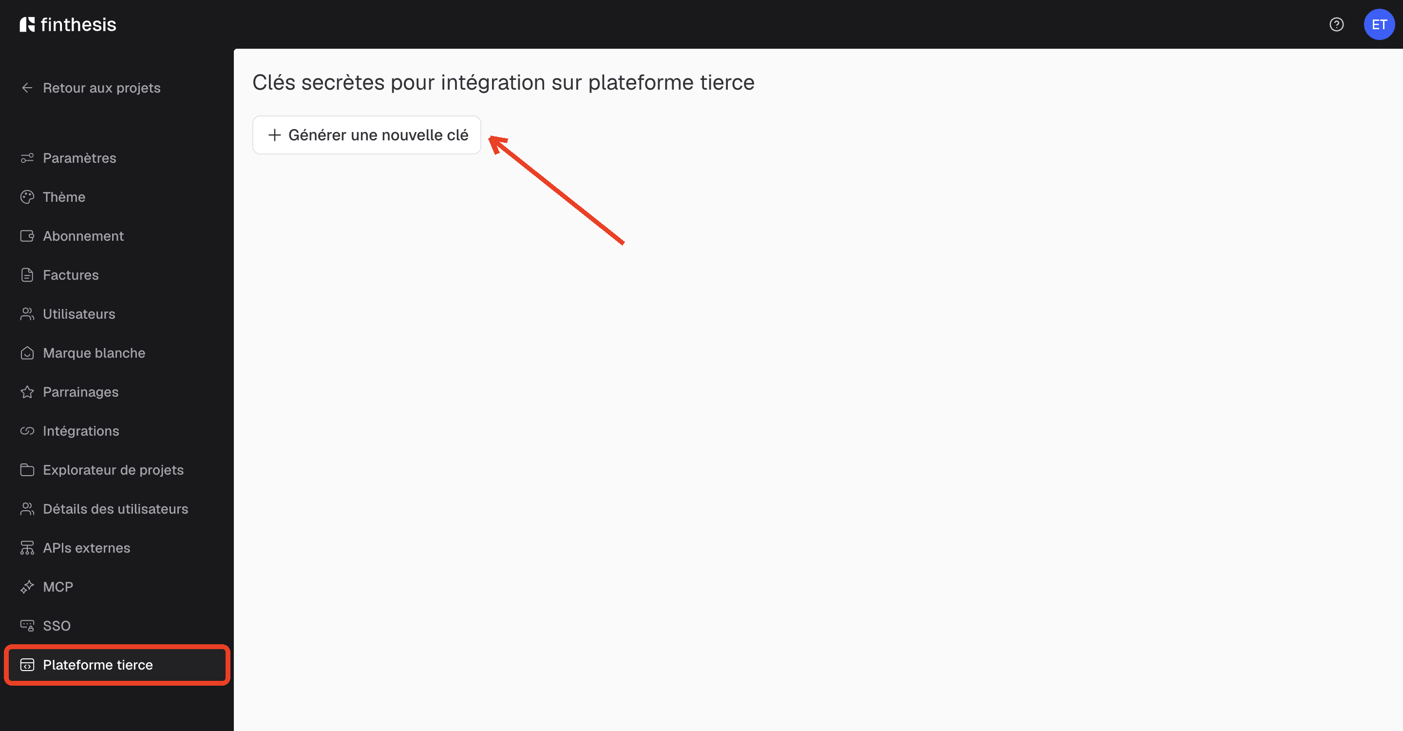 Paramètres d'organisation, rubrique Plateforme tierce : le bouton Générer une nouvelle clé