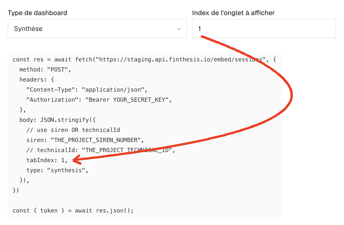 Exemple de code back-end : requête POST vers l'API Finthesis pour créer une session, avec le champ Index de l'onglet à afficher repris dans le paramètre tabIndex