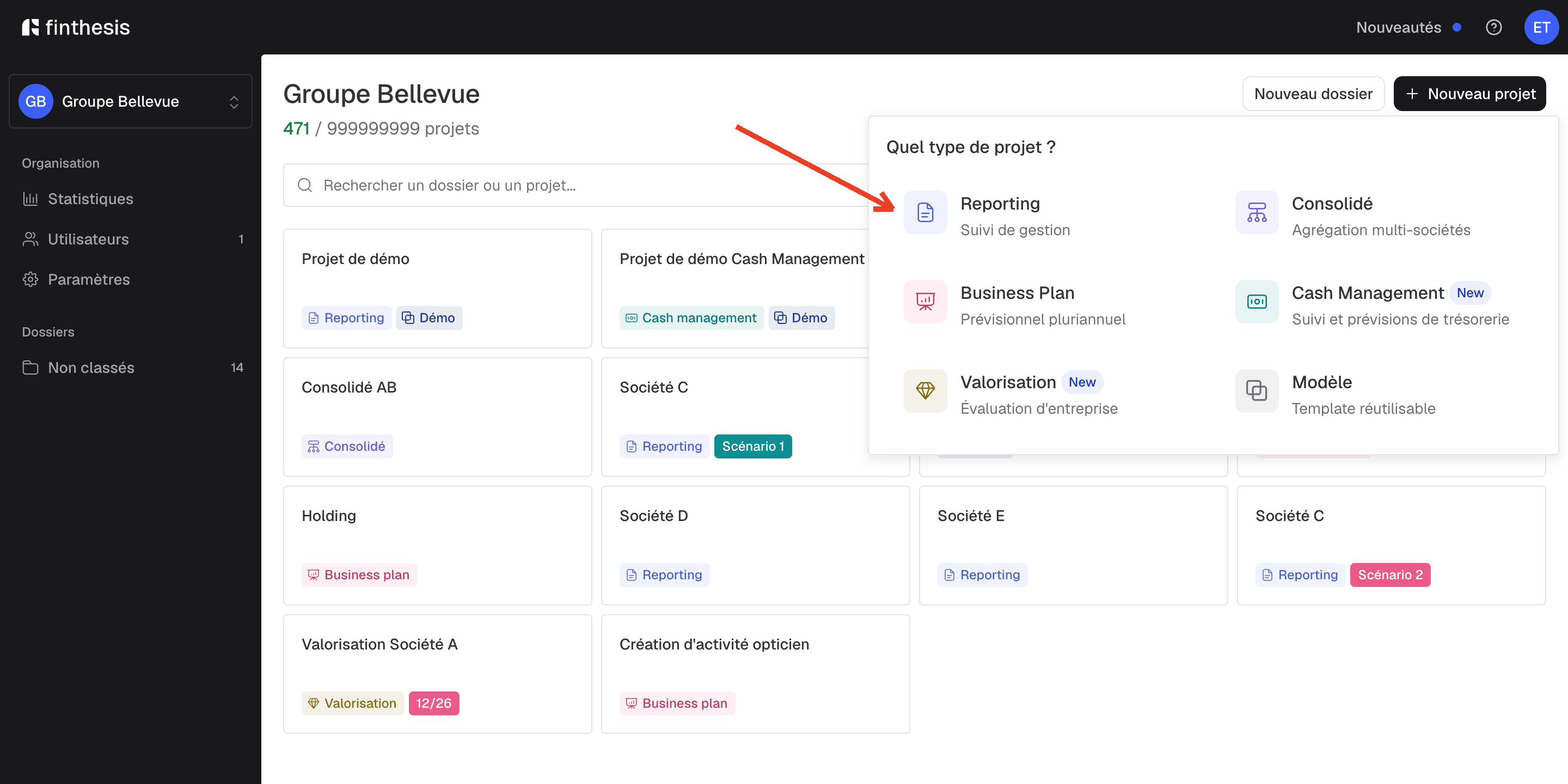 Menu Nouveau projet ouvert sur le tableau de bord Finthesis, avec l'option Reporting mise en évidence