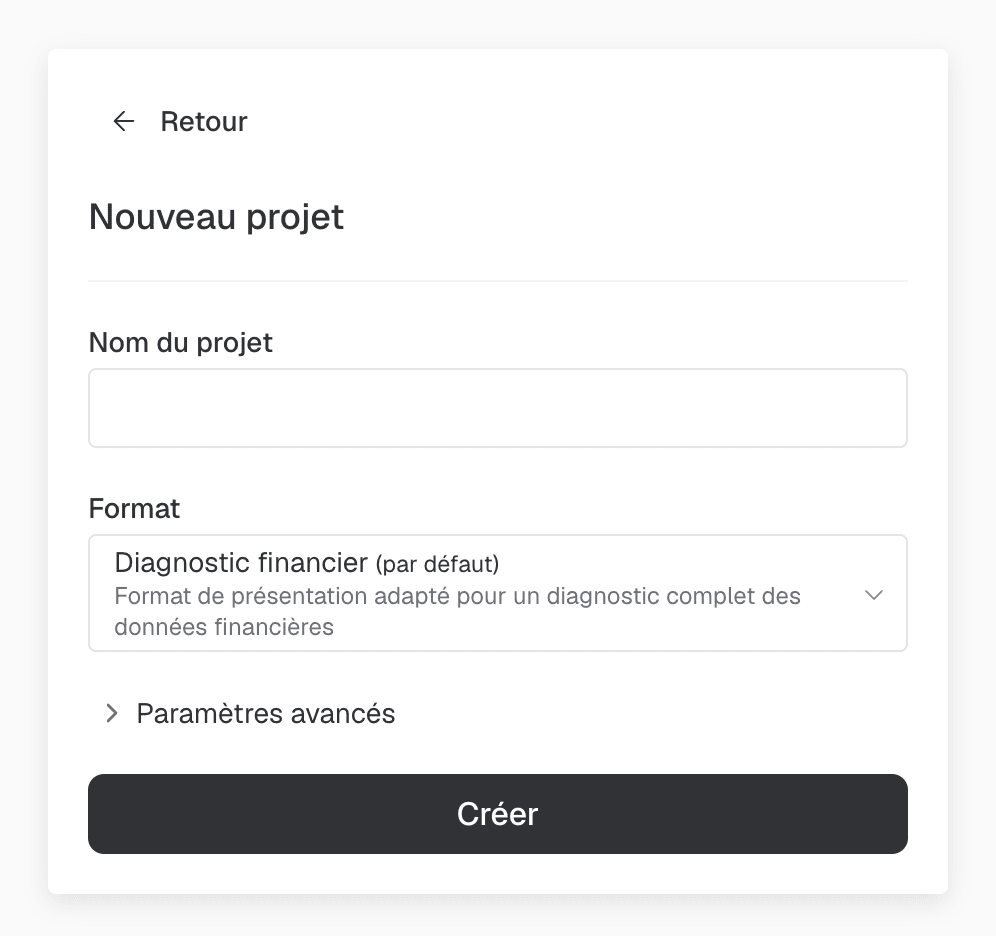 Formulaire de création d'un projet Finthesis : nom du projet, format et bouton Créer