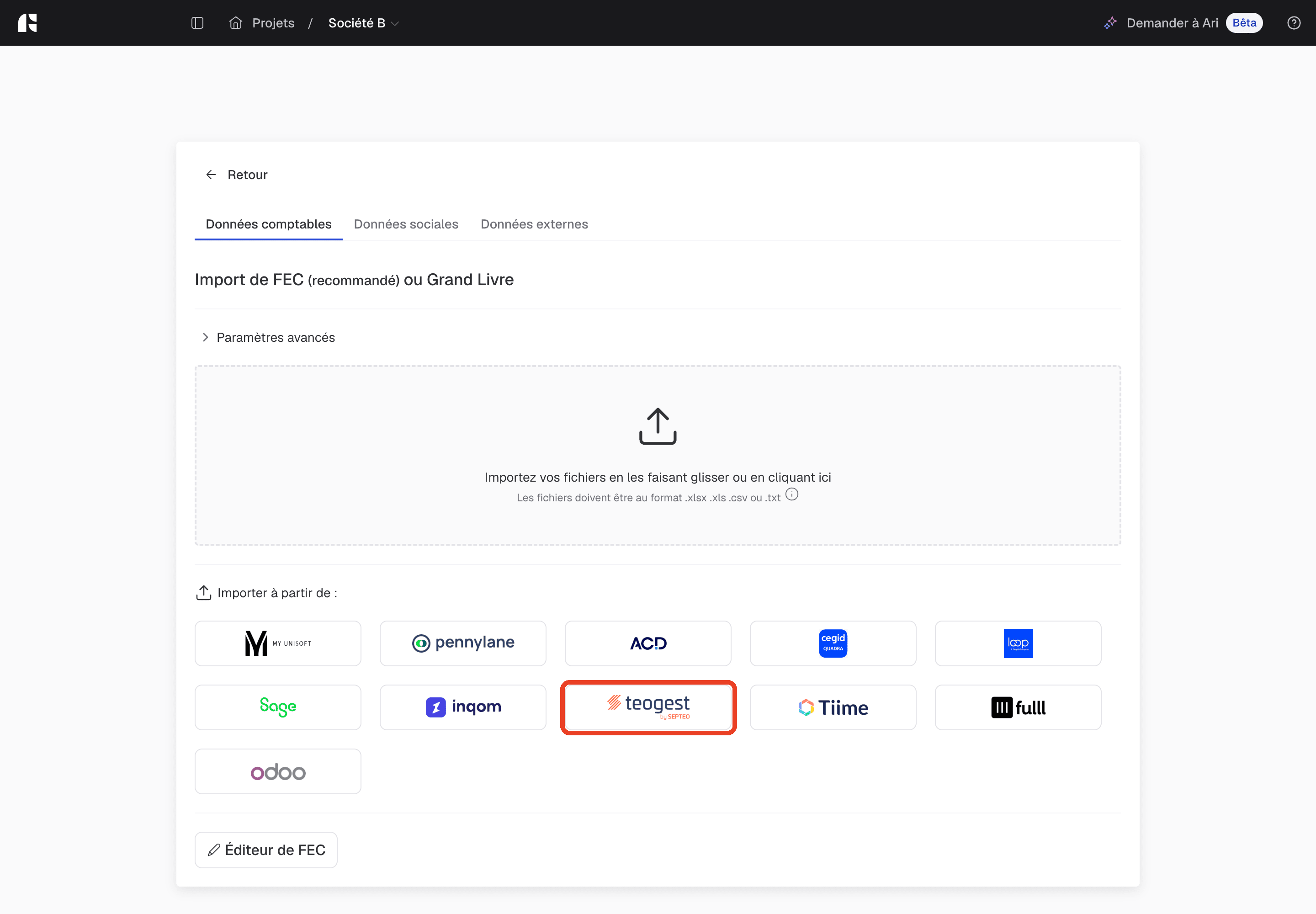 Écran d'import de données comptables de Finthesis, avec le connecteur Teogest entouré dans la liste des logiciels