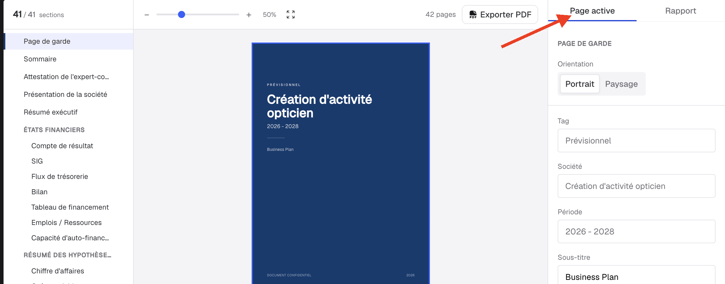Onglet Page active du panneau de configuration, indiqué par une flèche rouge