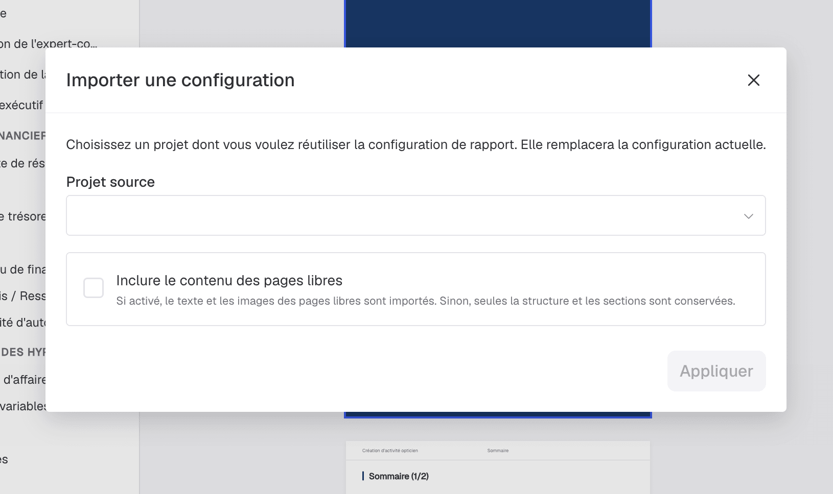 Fenêtre Importer une configuration, avec le choix du projet source