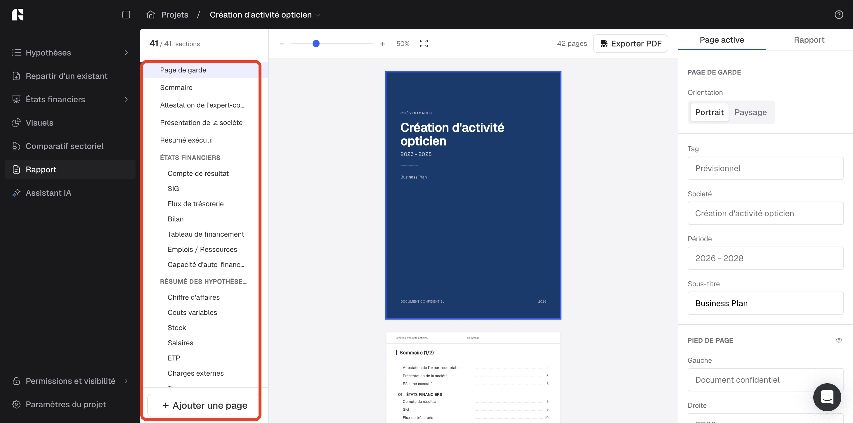 Éditeur de rapport avec la liste des pages du rapport encadrée en rouge