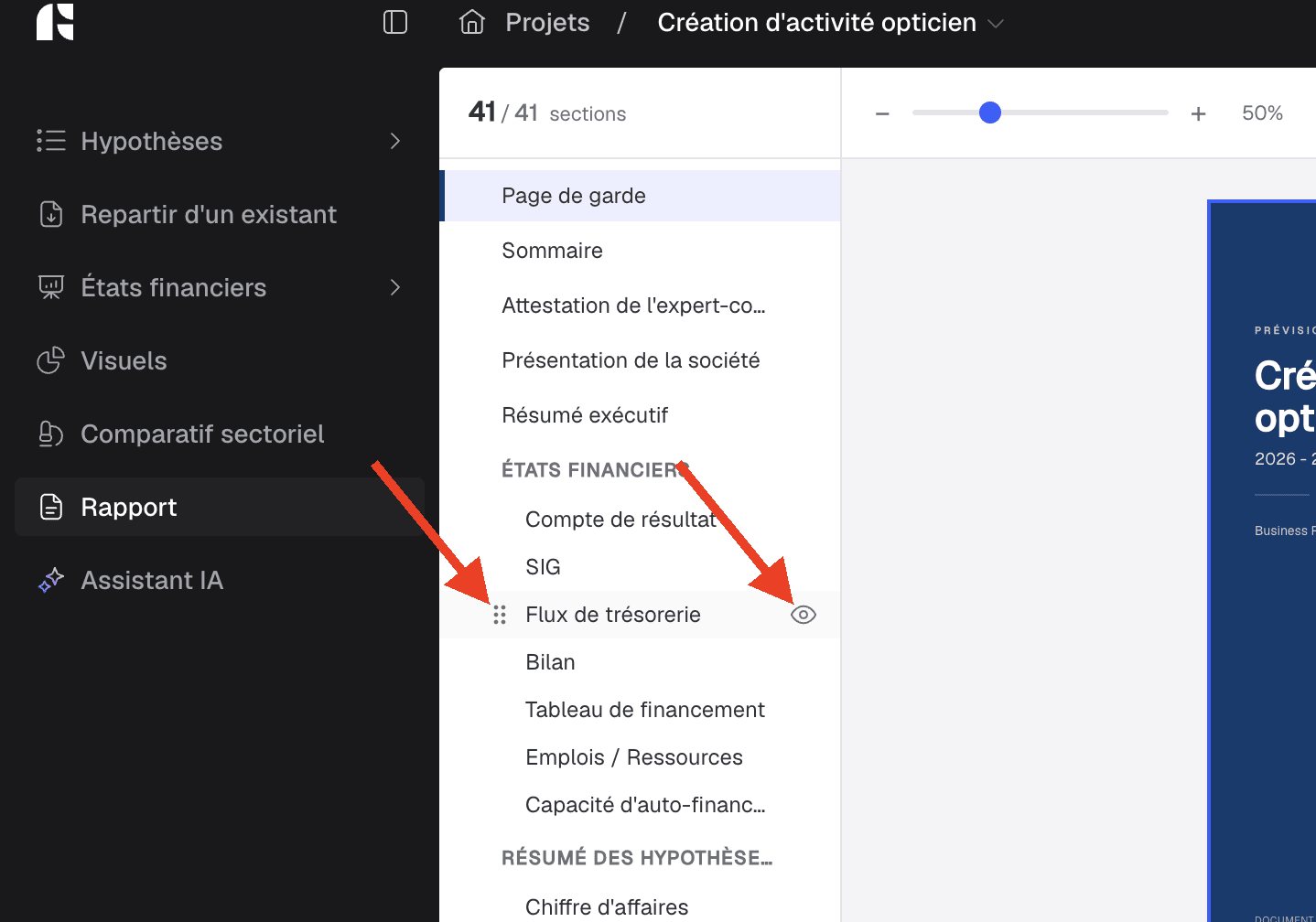 Ligne de page survolée montrant les icônes pour déplacer et pour masquer la page, indiquées par deux flèches rouges