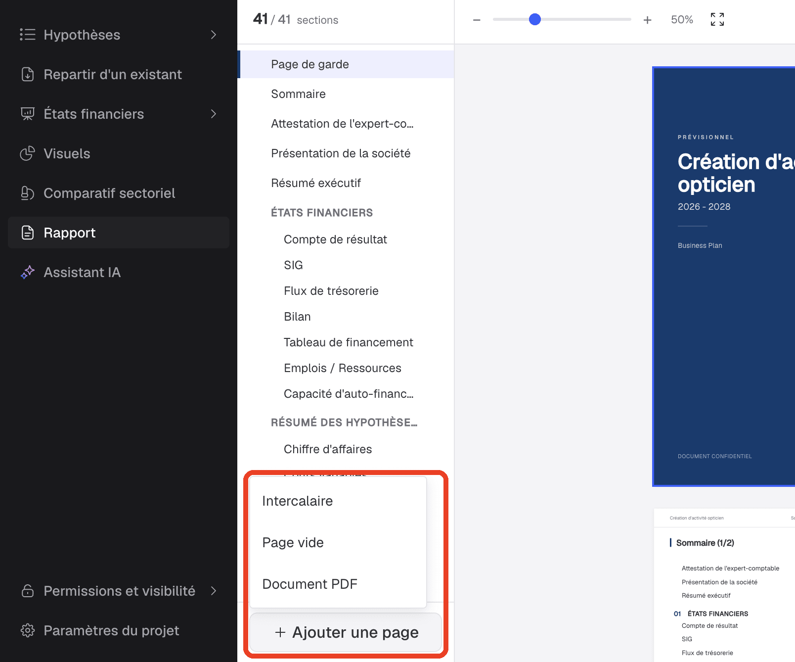 Menu Ajouter une page ouvert, avec les options intercalaire, page vide et document PDF, encadré en rouge