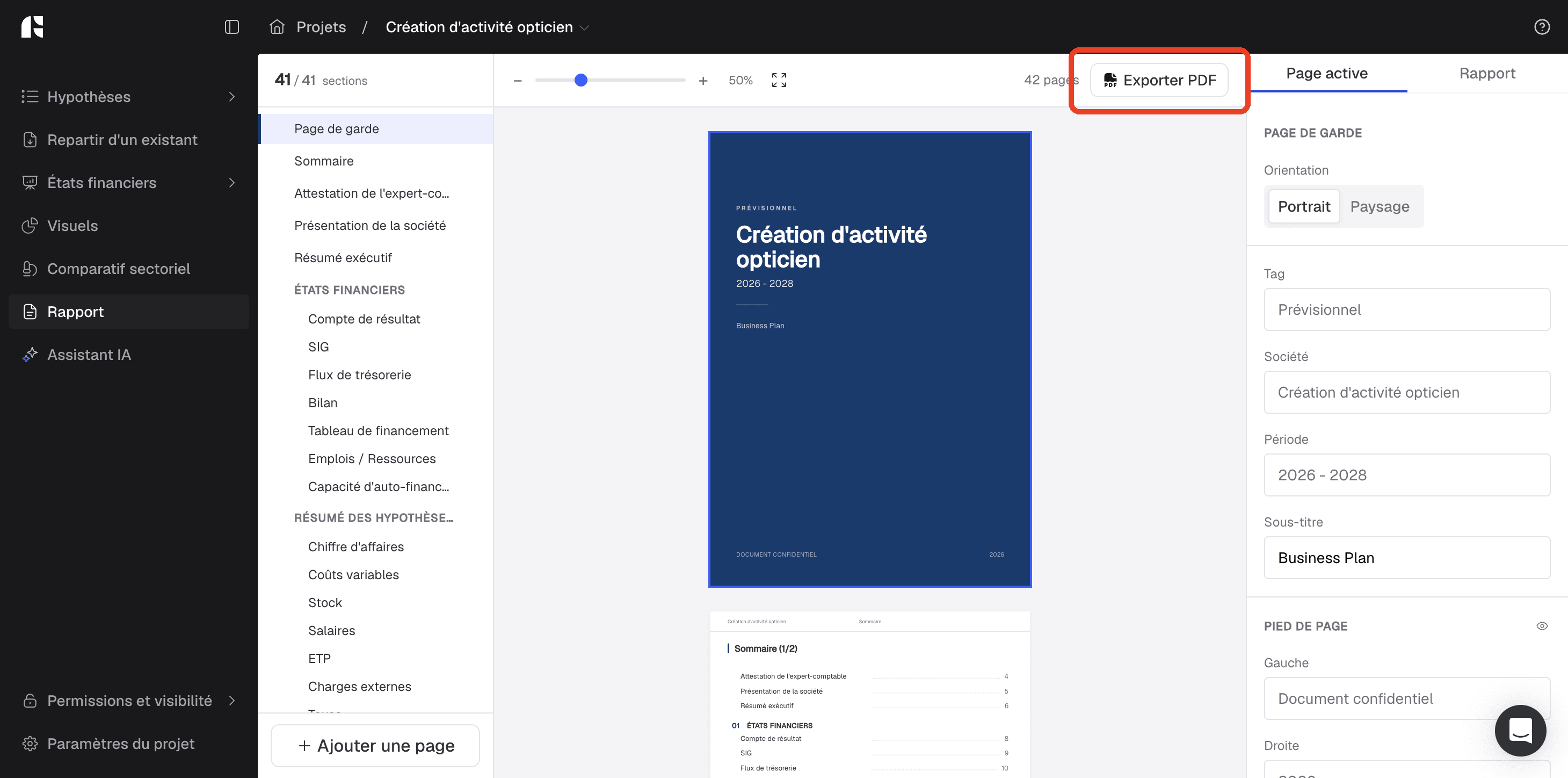 Éditeur de rapport avec le bouton Exporter PDF encadré en rouge