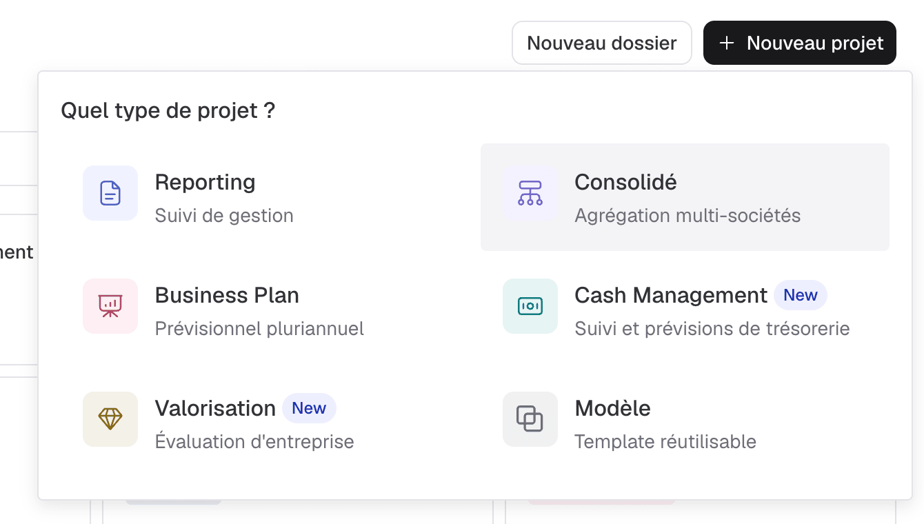 Menu « Nouveau projet » ouvert sur le choix du type de projet, avec l'option Consolidé