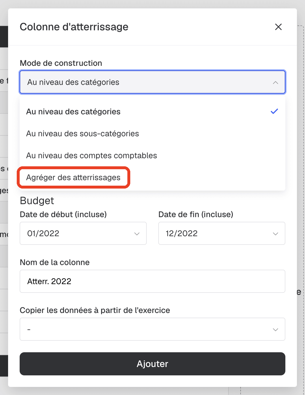 Liste déroulante Mode de construction ouverte sur l'option Agréger des atterrissages